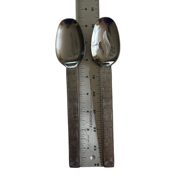 Serving Spoon Stainless Steel Aztec Pattern JPF3 JCPenney Flatware Slotted 2 PCS - Picture 7 of 13